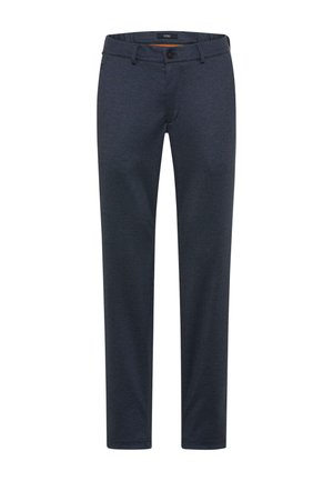 Navyblauwe pantalon gemaakt van een gestructureerde stof, met een recht model, knoopsluiting en riemlussen.