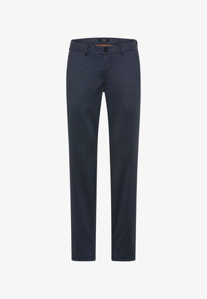 Navyblauwe pantalon gemaakt van een gestructureerde stof, met een recht model, knoopsluiting en riemlussen.