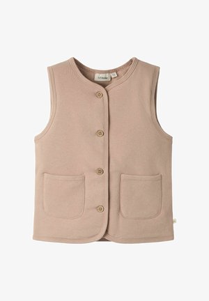 Bezroku bēšs veste no mīksta auduma, ar apaļu kakla izgriezumu, piecām koka pogām un divām priekšējām kabatām ar atbilstošu diegu šuvēm.