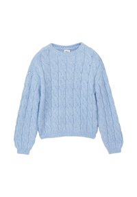 Hellblauer Strickpullover mit Zopfmuster, langen Ärmeln und einem runden Halsausschnitt, der am Saum und an den Bündchen gerippt ist.