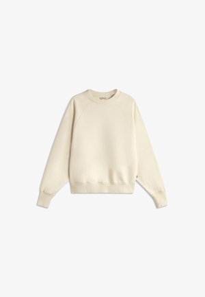 Krémovo sfarbená mikina s dlhými rukávmi, okrúhlym výstrihom a rebrovanými manžetami a lemom, položená na bielom pozadí.