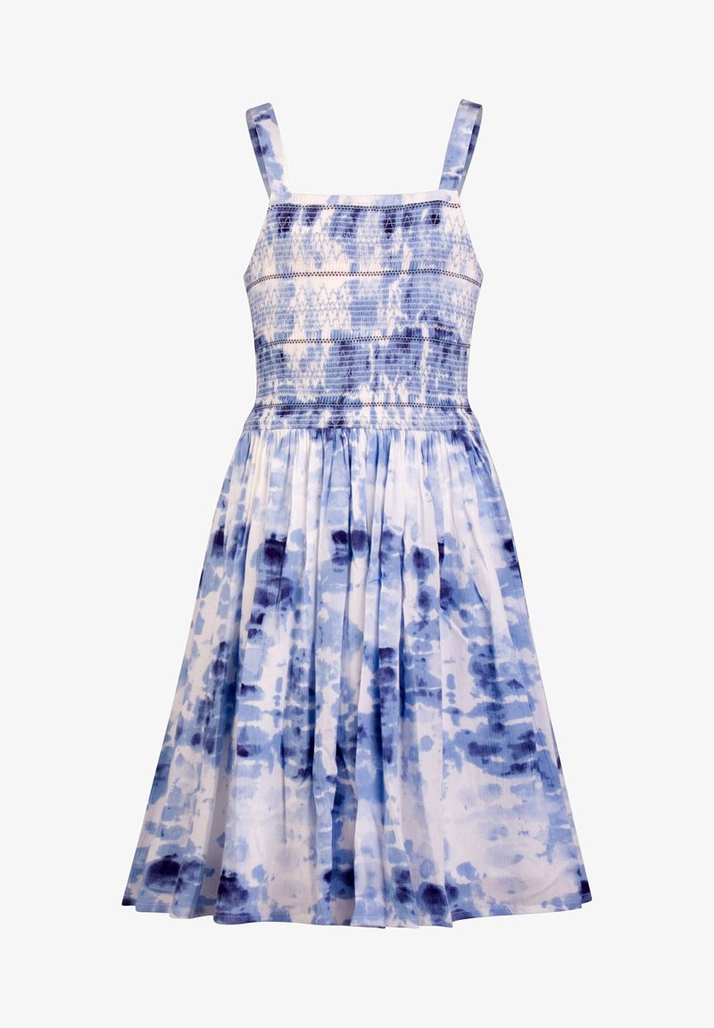 Abito blu e bianco con corpetto arricciato, spalline sottili e gonna fluente con un motivo ad acquerello in diverse sfumature di blu.