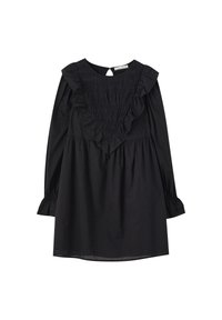 Robe noire à manches longues avec un col en V froncé ornée de volants. Le corsage est ajusté, avec une jupe évasée et des manches froncées aux poignets.