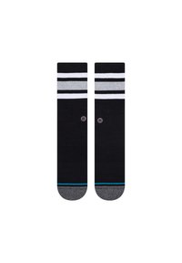 Black socks with white and gray horizontal stripes at the top, reinforced gray toe, and teal accent near the base. Soft knit material.