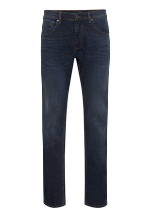 Donkerblauwe rechtgesneden jeans van denim. Kenmerken zijn vijf zakken, gele stiksels en een ritssluiting met een knopen sluiting.