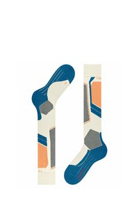 Baumwollsocken mit einem geometrischen Muster aus blauen, grauen und orangen Formen auf einem cremefarbenen Hintergrund. Mit verstärkter Ferse und Zehen.