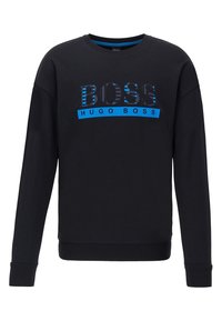 Felpa nera in cotone, con un logo "BOSS" in blu ben visibile e dettagli a righe, vestibilità comoda e polsini a costine.