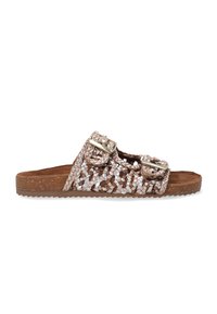 Woven Slide-Sandale in metallischem Rosé und Beigetönen, mit zwei verstellbaren Schnallen, strukturiertem Obermaterial und einer flachen Kork-ähnlichen Sohle.
