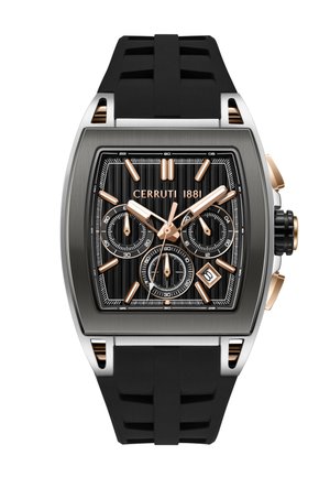 Montre chronographe Cerruti 1881 carrée noire avec index en or rose, trois sous-cadrans, guichet de date et bracelet en caoutchouc noir.