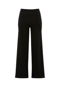 Schwarze, weite Hosen mit hoher Taille, gefertigt aus einem weichen, dehnbaren Stoff. Sie verfügen über eine glatte Textur und ein sauberes, schlichtes Design.