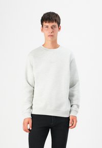 Light gray sweatshirt in a soft fabric, featuring long sleeves and a crew neckline. Minimalist design with subtle branding on the chest.