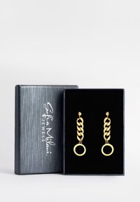 Guldtonade hängörhängen med en vriden kedjedesign och cirkulära ringdetaljer, presenterade i en texturerad svart smyckeslåda.