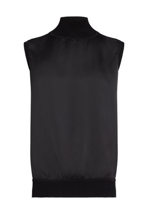 Čierny top bez rukávov s vysokým golierom, vyrobený z hladkej tkaniny. Má rebrovaný golier a lem. Jednoduchý, elegantný dizajn bez vzorov.