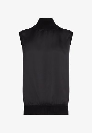 Fekete ujjatlan felső magas nyakkal, sima anyagból készült. Bordázott gallérral és szegéssel rendelkezik. Egyszerű, letisztult design, minta nélkül.