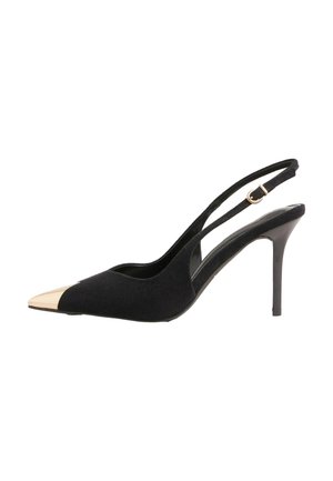 Čierne semišové lodičky na podpätku so špicatou špičkou, s kovovým zlatým špičkou a štíhlym podpätkom. Nastaviteľný remienok na päte.