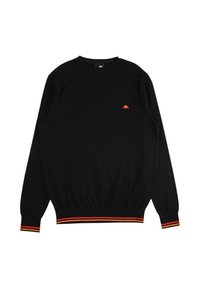 Pull noir en tissu doux, avec un col rond et des poignets côtelés. Orné d'un petit logo orange et d'un ourlet rayé rouge.