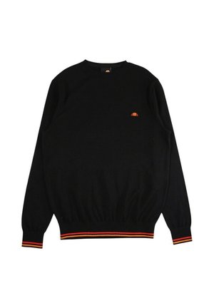 Pull noir en tissu doux, avec un col rond et des poignets côtelés. Orné d'un petit logo orange et d'un ourlet rayé rouge.