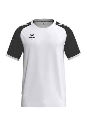 Wit sportshirt met zwarte mouwen, ronde hals en Erima-logo op de bovenste linkerborst.