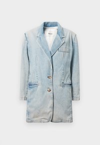 Ανοιχτό μπλε τζιν σακάκι με γιακά notch, δύο μπροστινές τσέπες και κλείσιμο με κουμπιά. Διαθέτει άνετη εφαρμογή και ορατές ραφές.