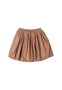 Brauner, knielanger Rock mit elastischem Bund, gerafftem Design, zwei seitlichen Taschen und dekorativen Nieten auf der linken Tasche.