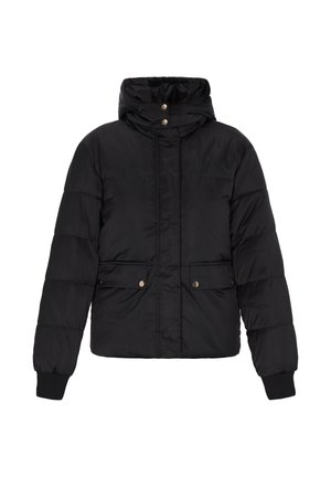 Fekete puffadtöltetű dzseki kapucnival, cipzáros elülső résszel, két elülső zsebével és bordás mandzsettákkal. Simító tapintású, steppelt párnázottsággal.