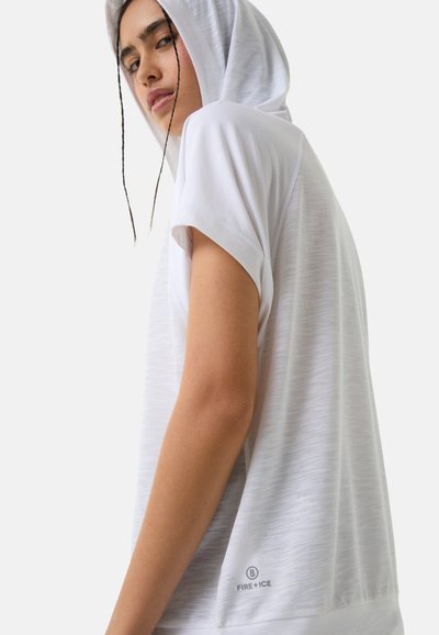 White short-sleeve hoodie with a relaxed fit, lightweight fabric, and a subtle textured pattern. Features a large hood and brand logo.