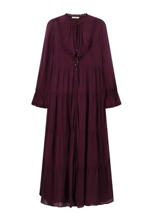 Bordeauxrotes langärmliges Kleid mit einem Rüschenkragen, durchgehender Knopfleiste, gestuftem Design und elastischen Bündchen. Aus leichtem Stoff gefertigt.