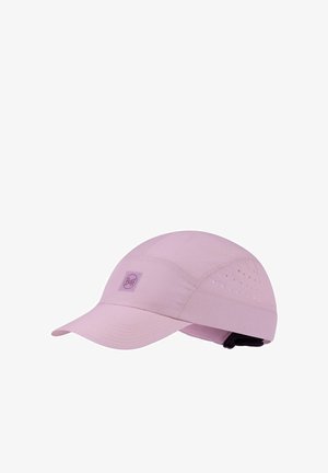 Hellviolette atmungsaktive Sportkappe mit gebogenem Schirm, seitlichen Belüftungslöchern und verstellbarem Riemen hinten.