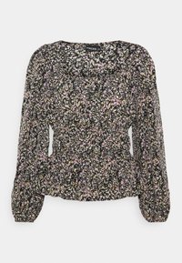 Svart blommig blus med långa ärmar, en rynkad midja och ett texturerat tyg med rosa, vita och gröna blommönster.