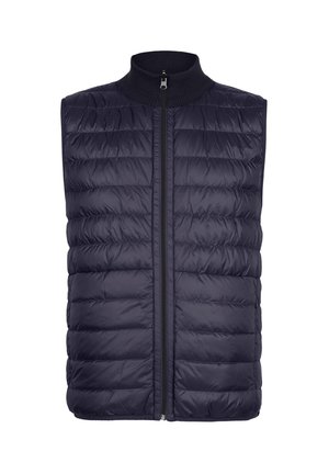 Mørkeblå quiltet ærmeløs vest med frontlynlås og ribbet høj krave, designet til let varme og afslappet brug.