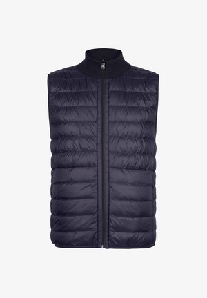 Marineblaue gesteppte ärmellose Weste mit durchgehendem Reißverschluss und geripptem hohem Kragen, entworfen für leichte Wärme und lässigen Tragekomfort.