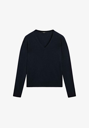 Marineblauwe langwerpige trui met V-hals, geribde manchetten en een rechte zoom, vervaardigd uit een zachte, gestructureerde stof.