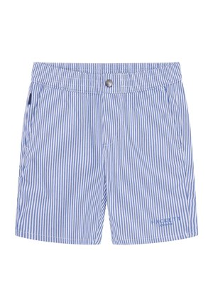 Blå og hvide vertikalt stripede shorts med forlommer, elastisk talje, knaplukning og et lille mærkelogo på venstre ben.