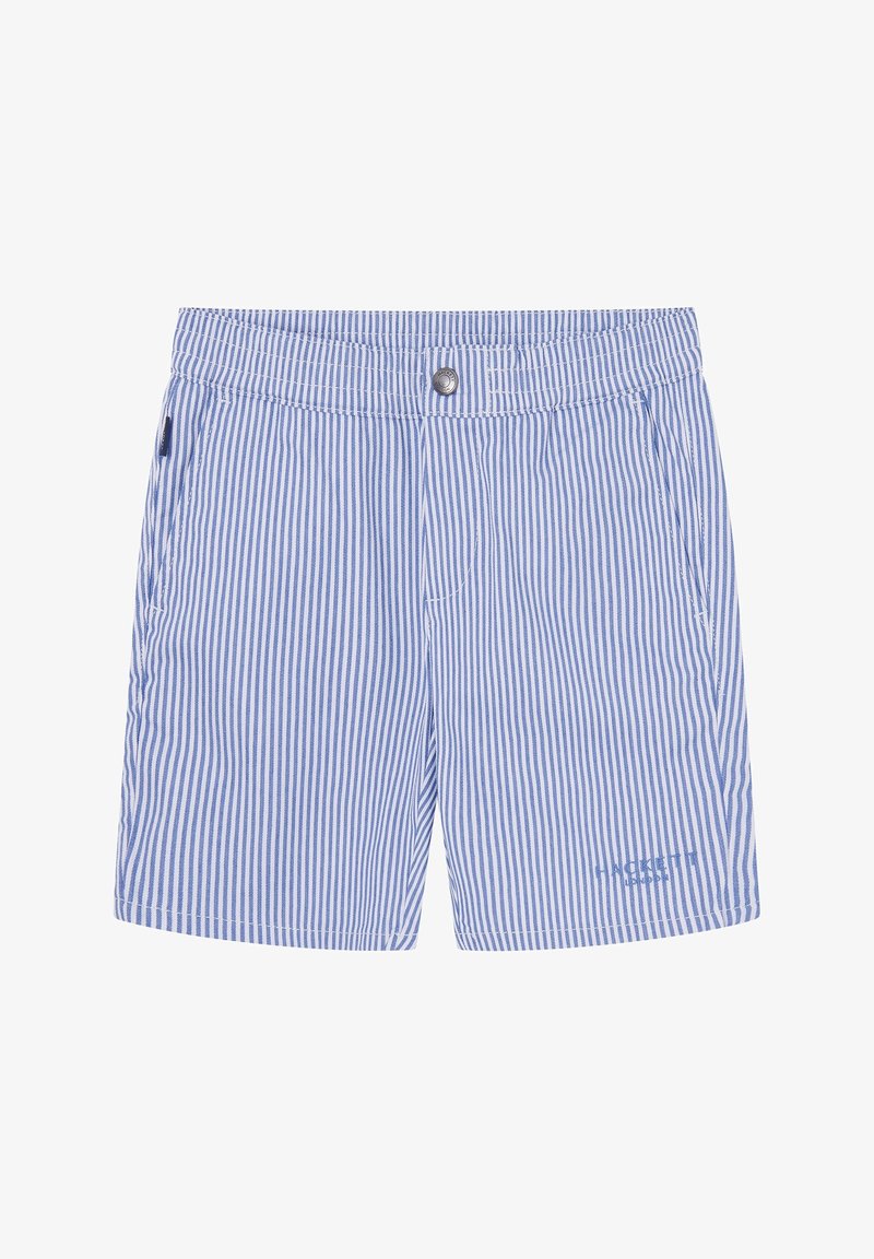 Shorts rayés verticalement bleu et blanc avec poches avant, taille élastique, fermeture par bouton et petit logo de marque sur la jambe gauche.