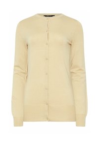 Cardigan beige en tissu tricoté doux. Il présente des manches longues, un col rond et une fermeture à bouton avec des boutons assortis. Poignets et ourlet côtelés.