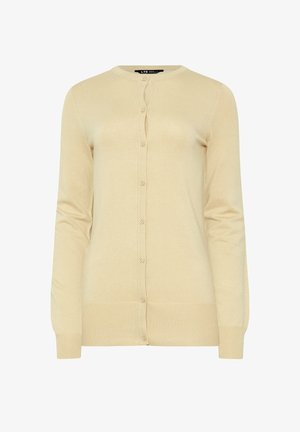 Cardigan beige realizzato in morbido tessuto a maglia. Presenta maniche lunghe, scollatura rotonda e chiusura con bottoni in tinta. Polsini e orlo a coste.