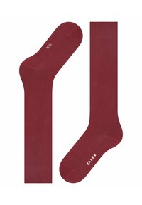 Calzini di cotone bordeaux con una texture liscia, polsini a coste e nome del marchio "FALKE" stampato sulla suola; progettati per l'uso quotidiano.