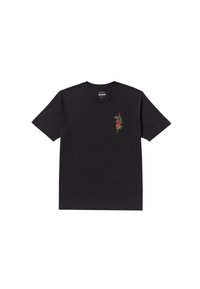 Zwarte katoenen T-shirt met korte mouwen, voorzien van een kleurrafische afbeelding van een slang op de linkerkant van de borst.