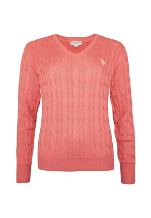 Korallenfarbener V-Ausschnitt-Pullover aus strukturiertem Strick mit Zopfmuster sowie gerippten Bündchen und Saum. Kleines Logo auf der linken Brust.