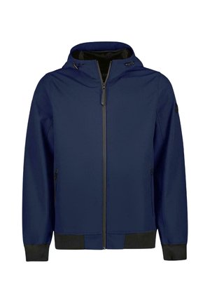 Veste à capuche bleu marine avec fermeture éclair à l’avant, poignets et ourlet noirs, et poches latérales zippées, présentée sur fond blanc.