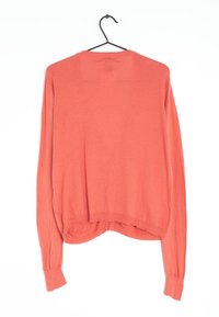 Pull-over en corail à manches longues avec un col rond, des poignets côtelés et un ourlet légèrement arrondi, fabriqué dans un matériau doux et léger.