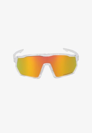 Lunettes de sport à monture transparente avec des verres angulaires enveloppants couleur orange-jaune miroir et le logo « Endurance » sur le verre inférieur droit.