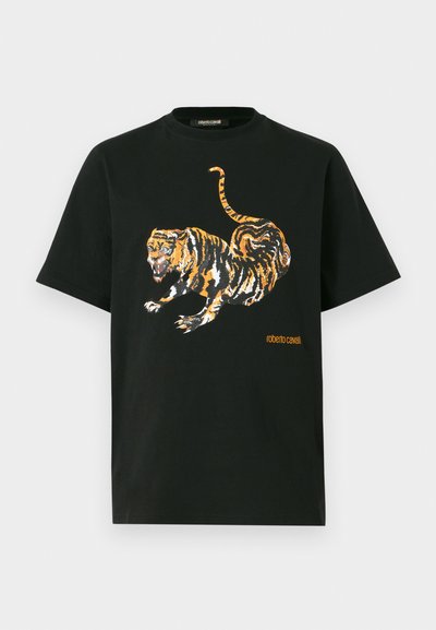 Juoda trumpa rankovėmis marškinėliai su dideliu ryškiu oranžiniu ir juodu tigro grafiniu raštu bei mažu oranžiniu "roberto cavalli" tekstu priekyje.