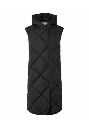 Svart ärmlös puffer-väst med huva, prydd med ett diamantmönster, framdragkedja och två sidofickor. Mjuk textur och lättviktig design.