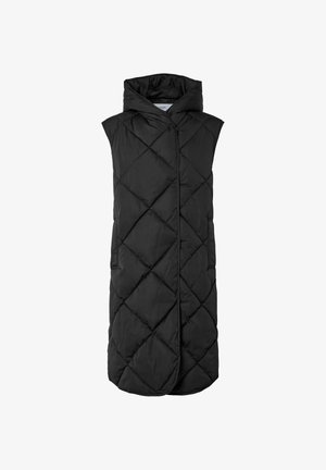 Černá bezrukávová péřová vesta s kapucí, s diamantovým prošíváním, předním zipem a dvěma bočními kapsami. Měkká textura a lehký design.