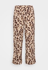 Leopardenprint-Hosen mit einem elastischen Bund, die eine Mischung aus Beigetönen und Brauntönen aufweisen. Der Stoff hat eine glatte Textur; Design mit verkürztem Bein.