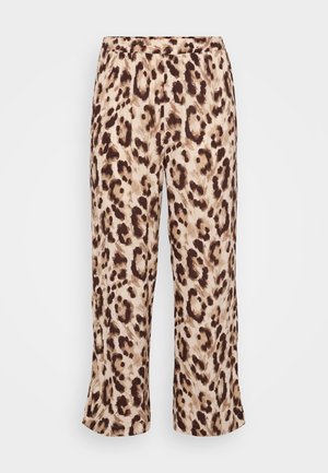 Leopárdmintás nadrág, elasztikus derékkal, bézs és barna árnyalatok keverékével. Az anyag sima tapintású; rövidített lábujj design.