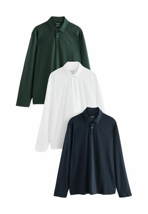 Three long-sleeve polo shirts in dark green, white, and navy blue. Made of smooth fabric with a classic collar and button placket, featuring logos.