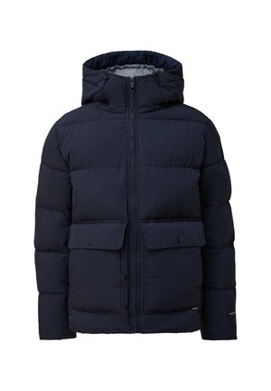 Tumesinine puff-jakk, millel on kapuuts, koos tikitud mustriga, kahe esi-kilp-tasku ja täispika tõmbluku sulgemisega. Sile, polsterdatud tekstuur.