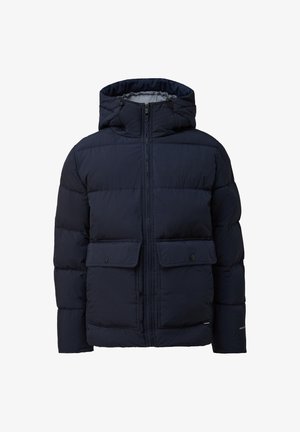 Tumesinine puff-jakk, millel on kapuuts, koos tikitud mustriga, kahe esi-kilp-tasku ja täispika tõmbluku sulgemisega. Sile, polsterdatud tekstuur.